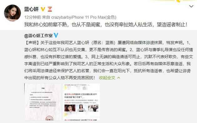 蓝心妍否定曾插足林心如情感 从未牵扯她人私糊口