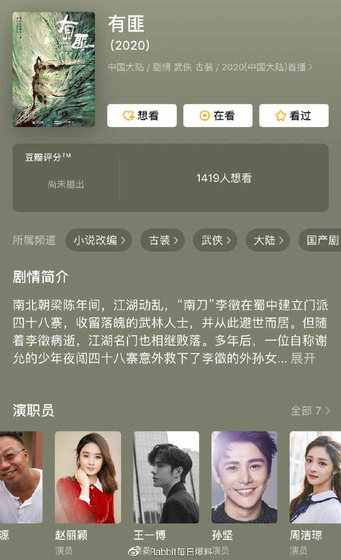 《有匪》即将开机 豆瓣资料显示赵丽颖王一博接受主演