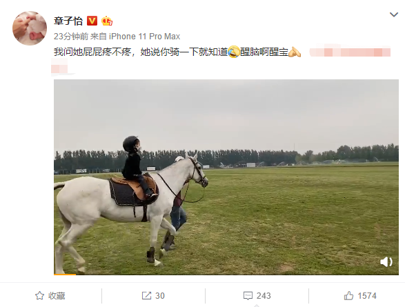 章子怡女儿醒醒骑马视频曝光 行动可爱十足