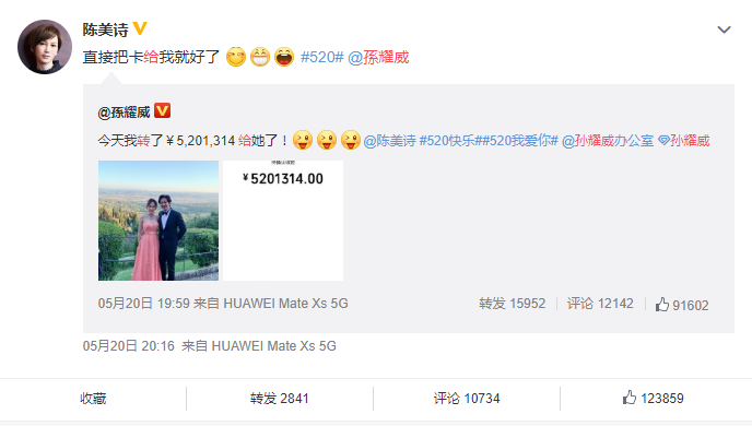 孙耀威给妻子转5201314元 晒截图却被网友质疑