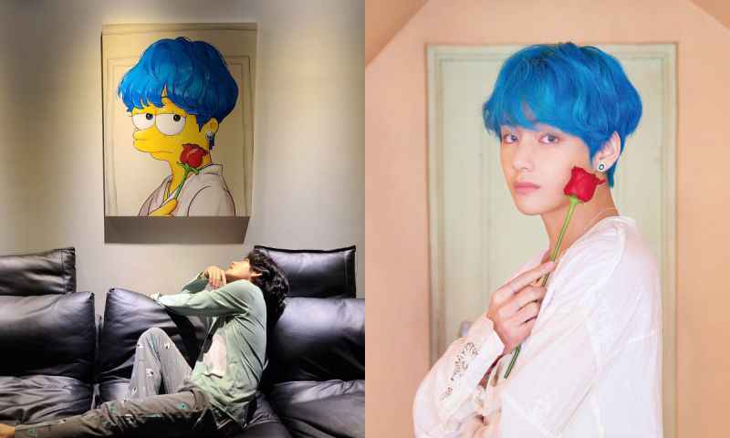 太有心啦！BTS防弹少年团V果真粉丝画作「蓝发辛普森」认证照片
