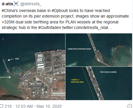 美媒：中国扩建吉布提基地船埠 兵舰在印度洋更活泼