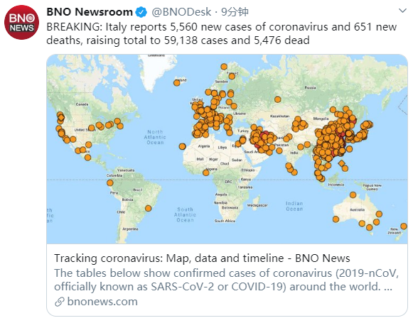 意大利新增确诊5560例死亡651例，确诊总数59138例