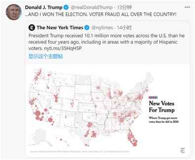 特朗普又发推：我赢得了选举！