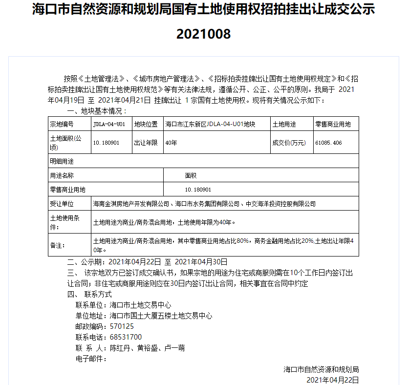6.1亿元！海口江东新区乐成出让一宗地块
