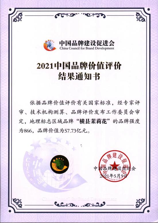 “横县茉莉花茶”“横县茉莉花”综合品牌代价达215.3亿元